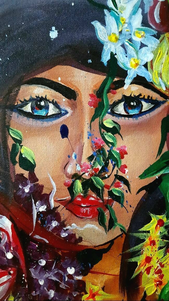 Vasudha - The staory of a soul multicolour streched canvas unframed 18 * 16 inches nature with girl portrait abstract painting perfect for any room décor wall canvas paintings for living room bed room office