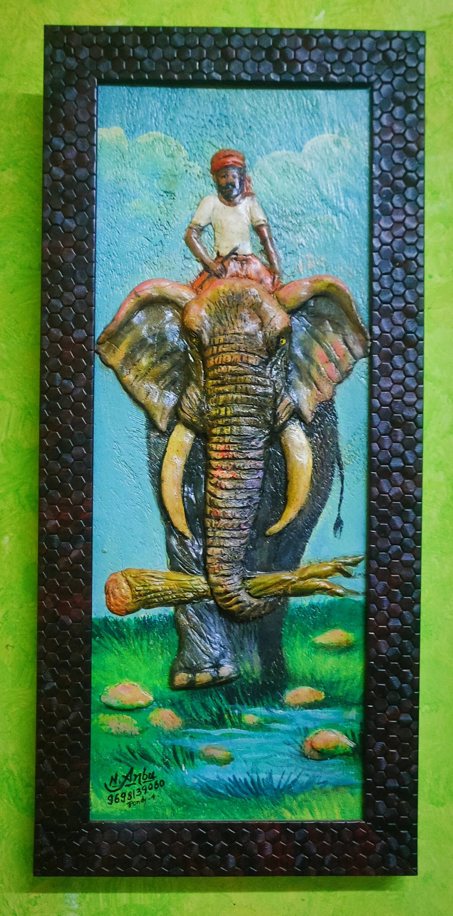 Embossed Elephant Painting on Wood