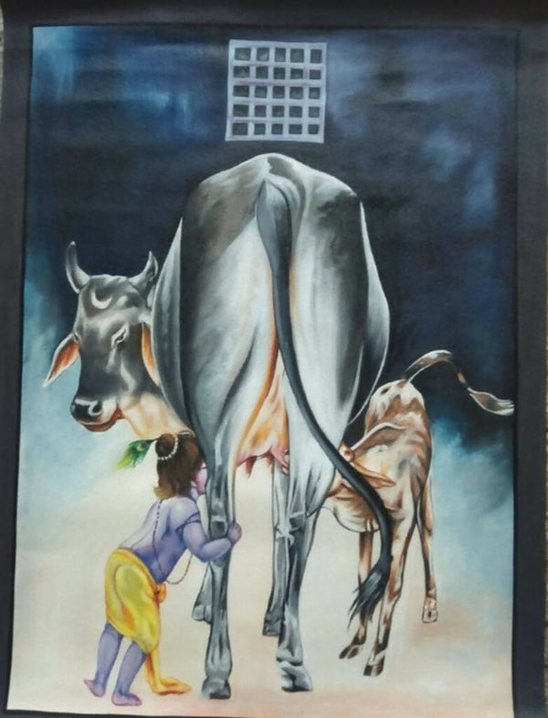 Painting of Lord Krishna, Krishna drink milk with cow baby Painting,