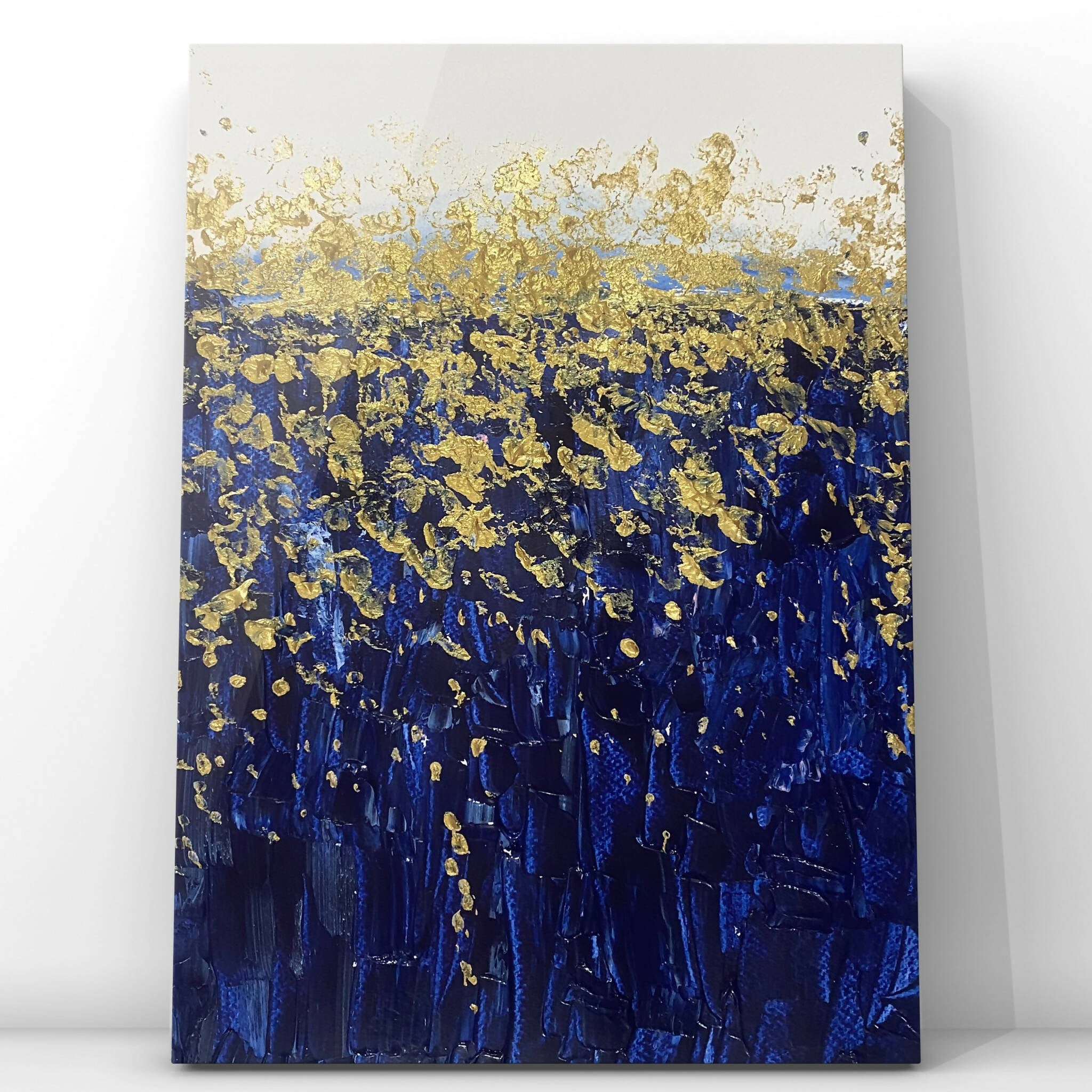 Large A3 Navy Blue & Gold Leaf Handmade Abstract Artwork, Acrylic Canvas Painting, Modern Aesthetic Decor For Living Room, Gold Canvas Art