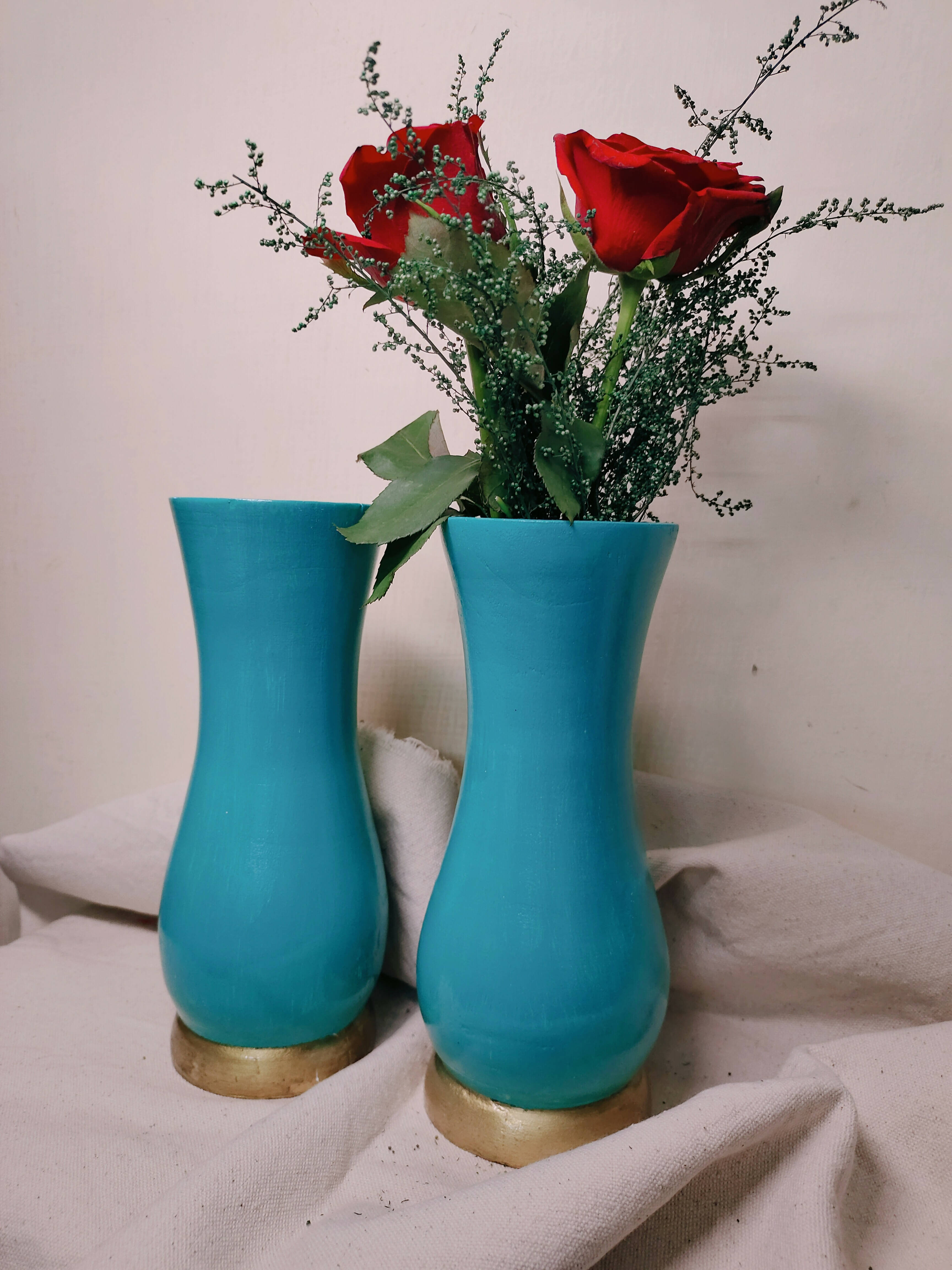 Flower Vase / Wooden/ Unbreakable/ Hand Painted/ Turquoise/ set of 2/ flowers not included