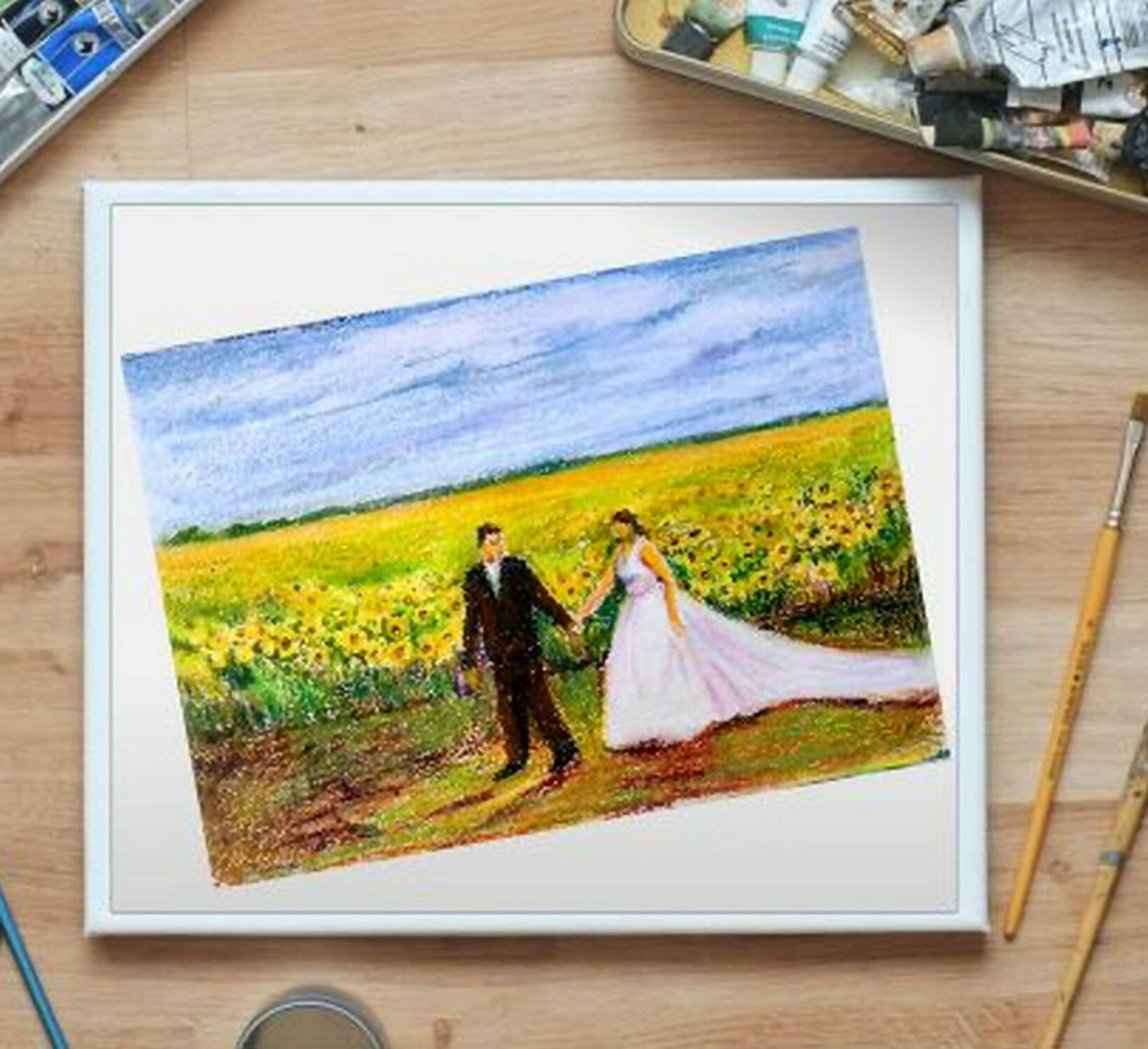 Romantic couple in Sunflower fields, oil pastels on paper