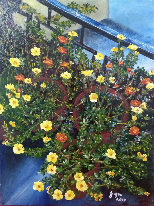 Flowers - Portulacas in my balcony ( oil painting on mounted canvas of 16 by 12 inches)