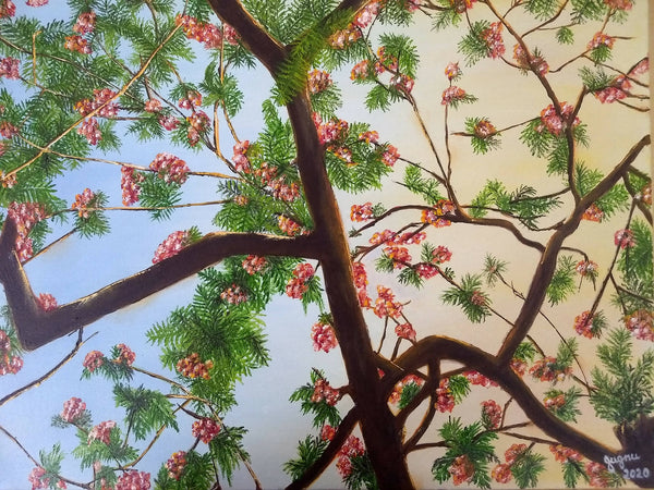 Gulmohar in bloom (oil on mounted canvas)