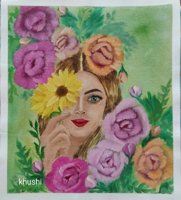 Girl Surrounded With Flowers Oil Painting