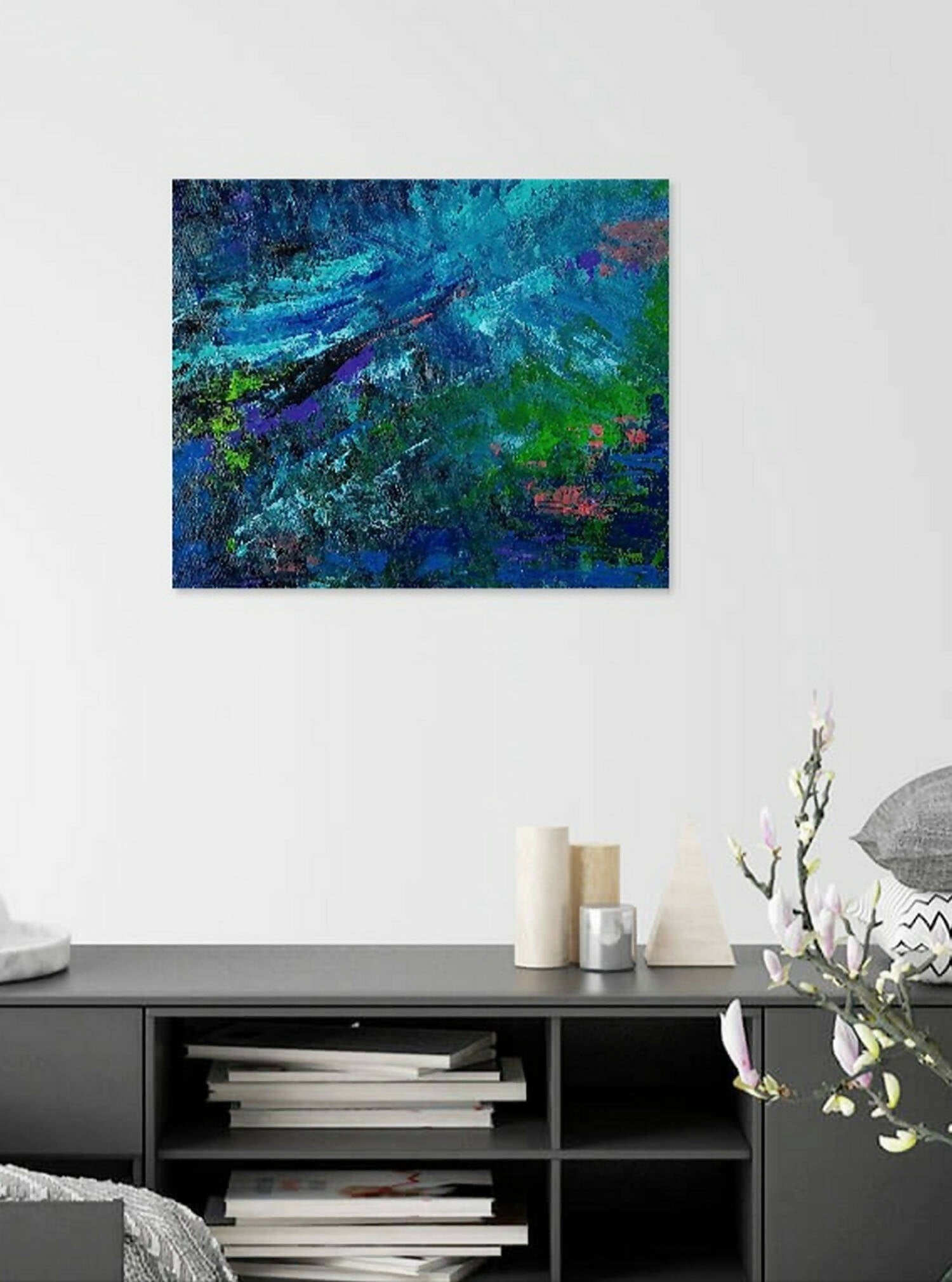 Blue pond with pink water lilies, abstract painting on canvas