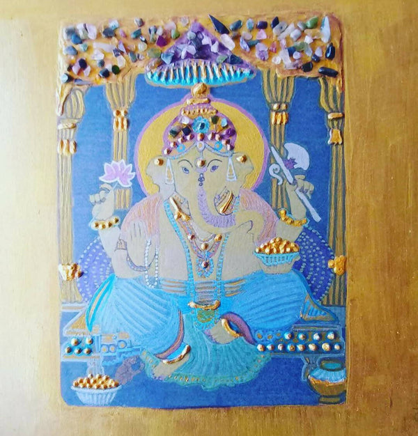 Ganesha on Wood with real Tourmaline Stones