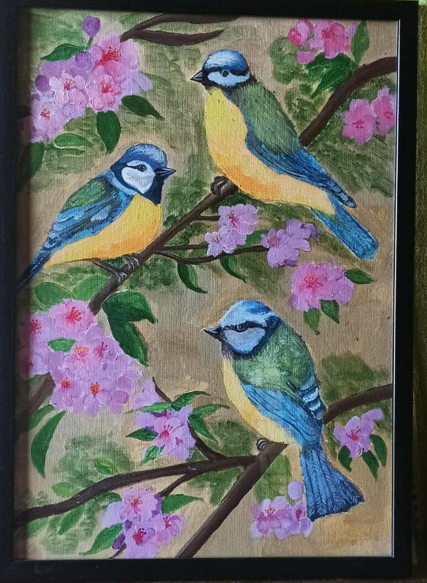 Blue Jay birds with Cherry blossoms in Acrylics