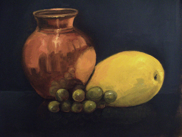 Still life with Copper Pot and fruits, oil painting on canvas