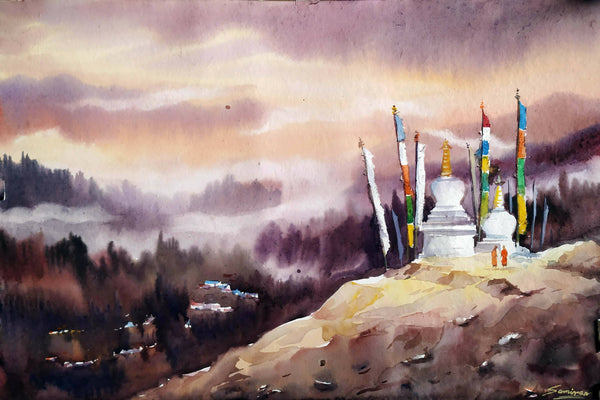 Buddhist Stupa at Sunset Himalaya