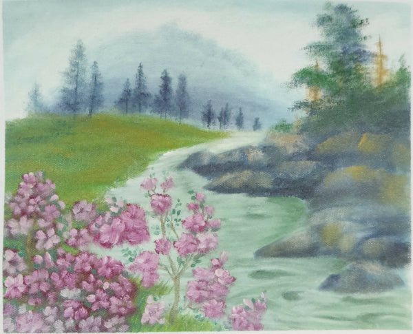 Blurry hill lake scenery painting