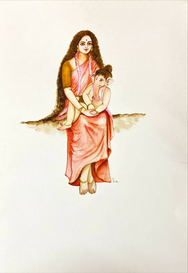 Print of Hand Painted Maa Parvati & Ganesha