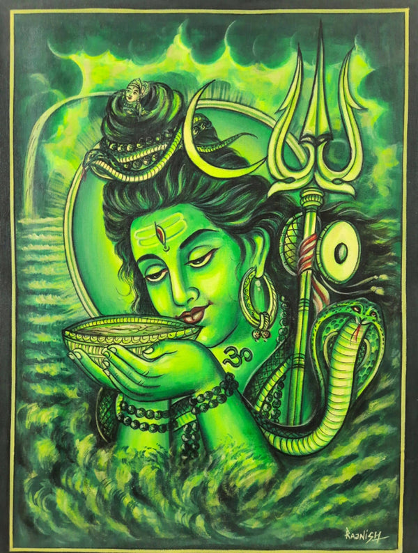 green Shiva drinking poison painting on canvas