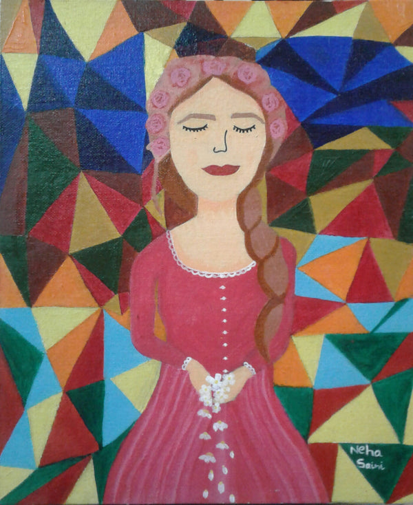 A beautiful lady welcoming with closed dreamy eyes acrylic abstract