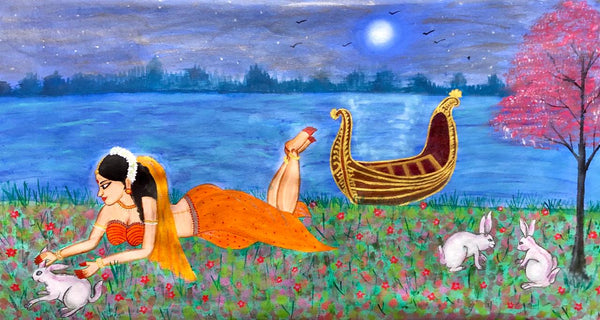 A BEAUTIFUL LADY WITH RABBITS AND ROYAL BOAT