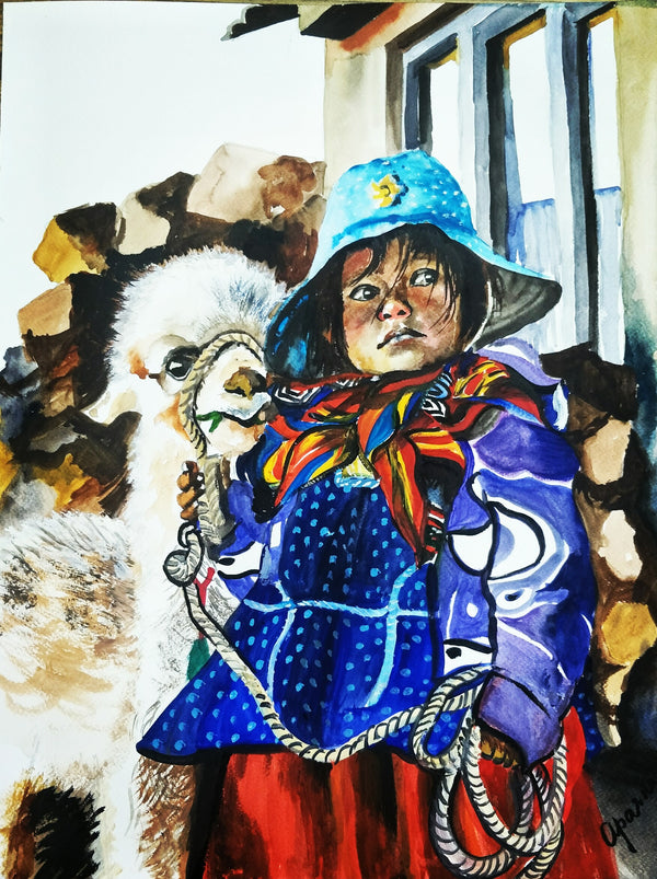 A Bolivian Child with Alpaca