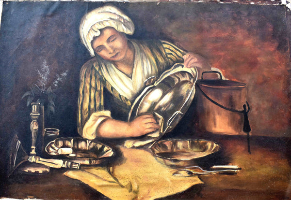 A Lady Cleaning Utensil Oil on Canvas