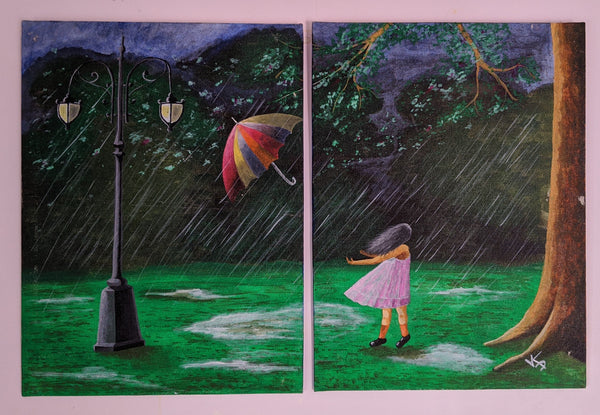 A Little Girl in Rain with an Umbrella Multi Piece Painting