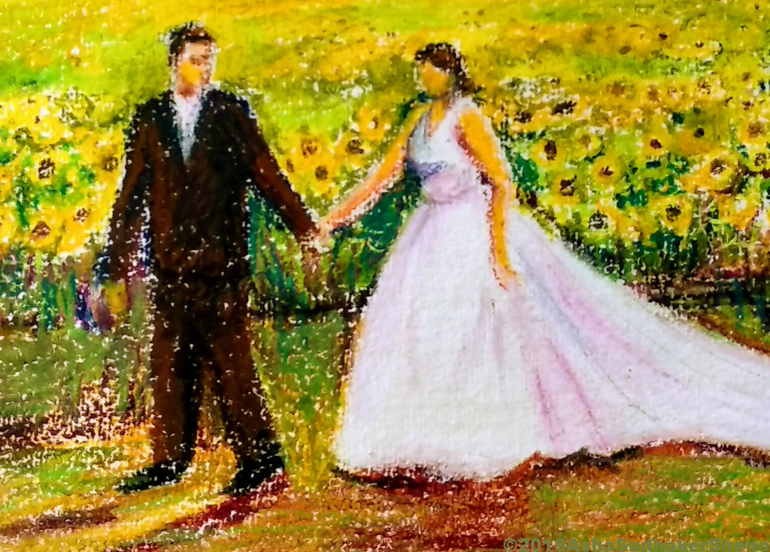 Romantic couple in Sunflower fields, oil pastels on paper
