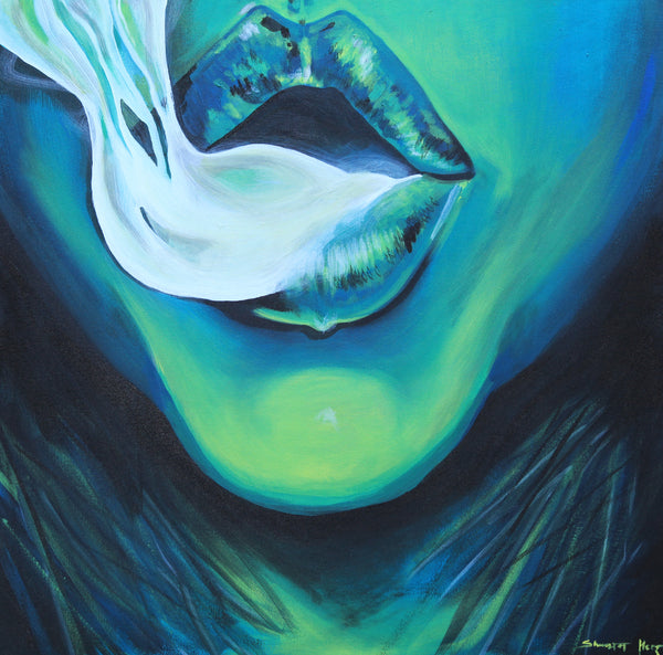 Abstract painting of women blowing smoke.