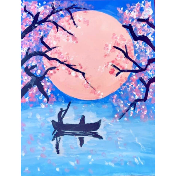 Aesthetic moon and cherry blossoms painting