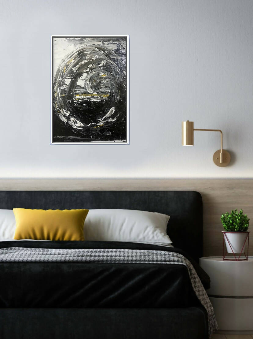 Canvas painting, abstract seascape acrylic painting on a canvas, textured art, high wave, infinity modern art, black and white, golden hue