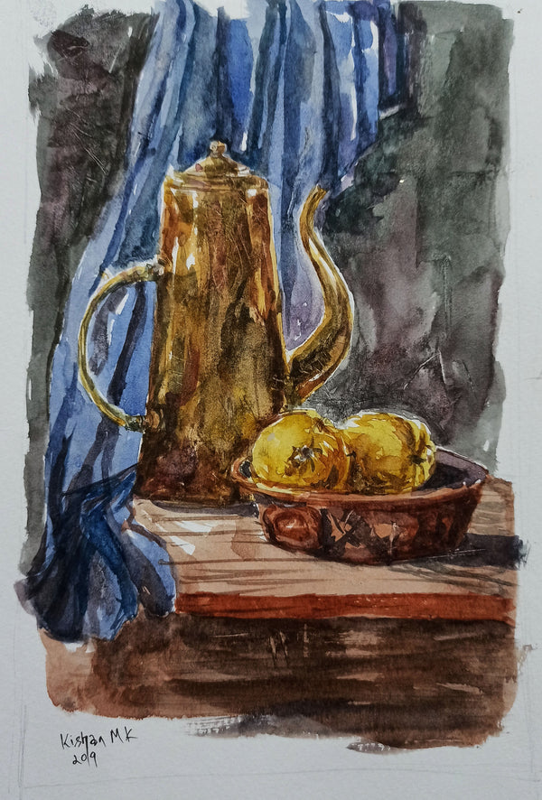 Antique teapot and fruits