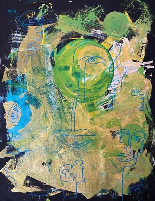 Missmessyartist ABSTRACT PAINTING - EMOTIONS - golden green clue line drawing