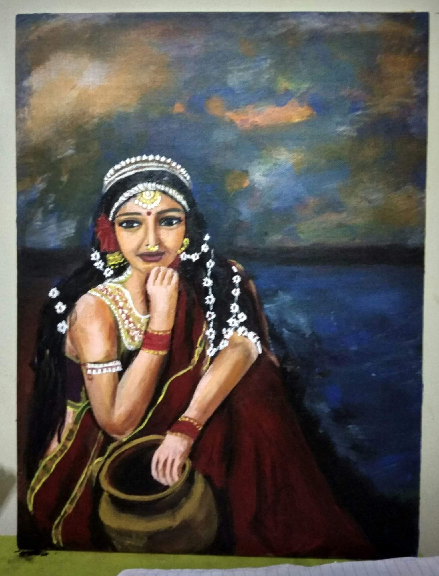 neat-snail671: Indian painting of a woman in traditional apparel, centered,  focus, painted in an old paper, no photo, no chinese.