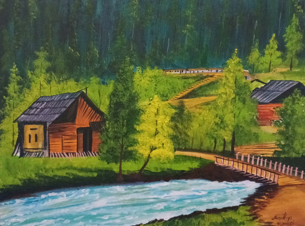 Beautiful Landscape with River and mountain huts