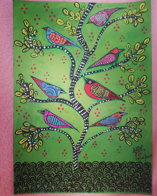 Birds on the branch : Gond Art work