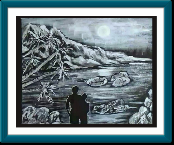 Black & White Landscape - Couple watching moon night