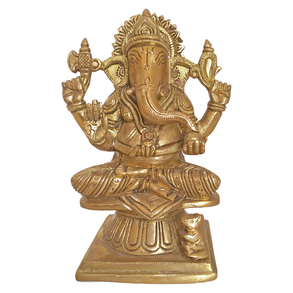 Blessing Golden Sri Ganesha Sitting on Chakra Brass Statue