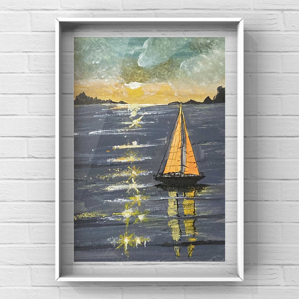 Boat sailing in the sea, sunset scenery, landscape painting