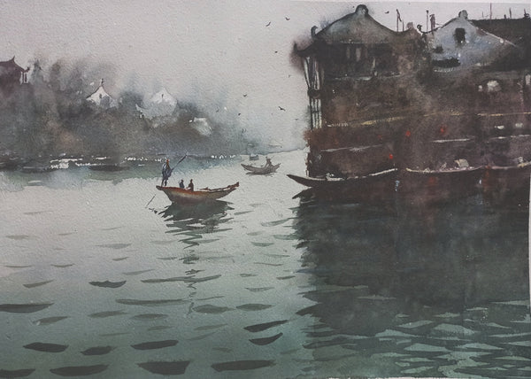 Boatman on Chinese riverside
