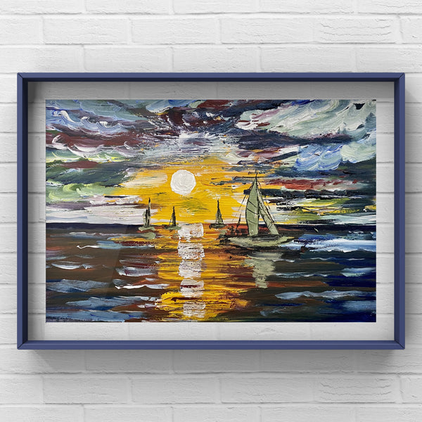 Bon voyage, abstract art of a sailing boat in sea in sunset,