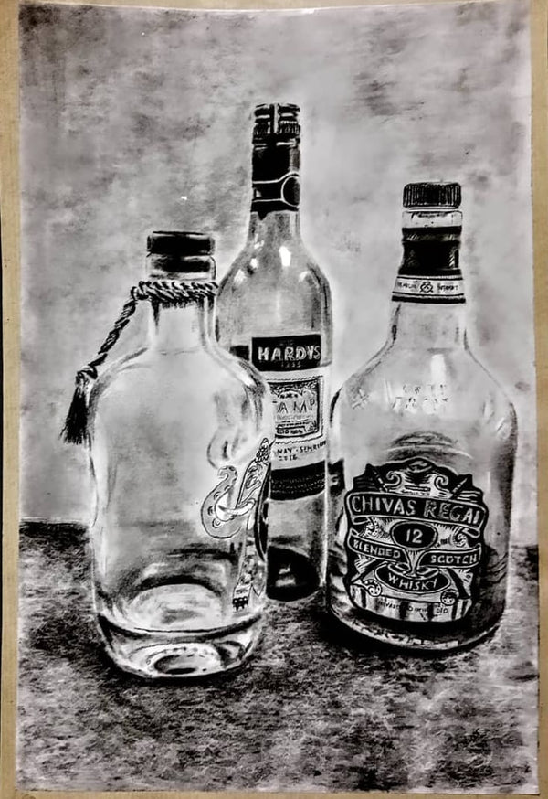 Charcoal Alcohol Bottles Drawing