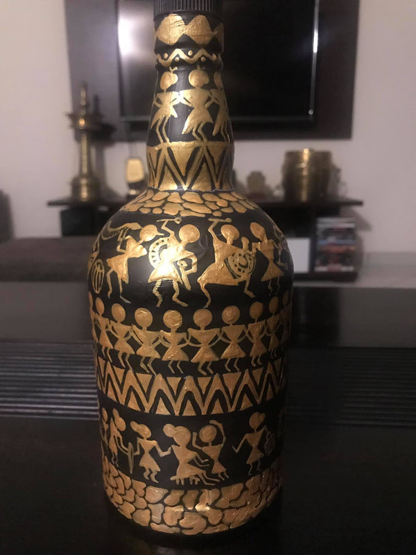 Bottle Art - Warli Art - Black and Gold
