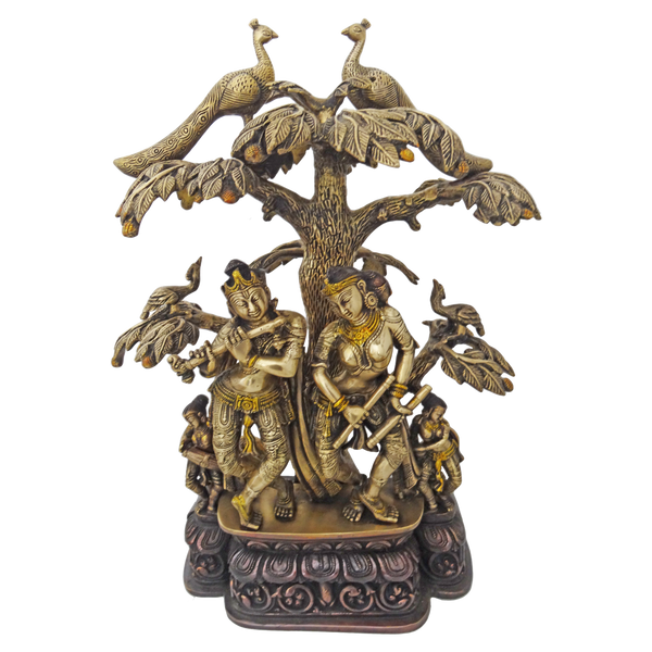 Brass Antique Krishna With Dancing Radha And Devi's Under Tree Statue