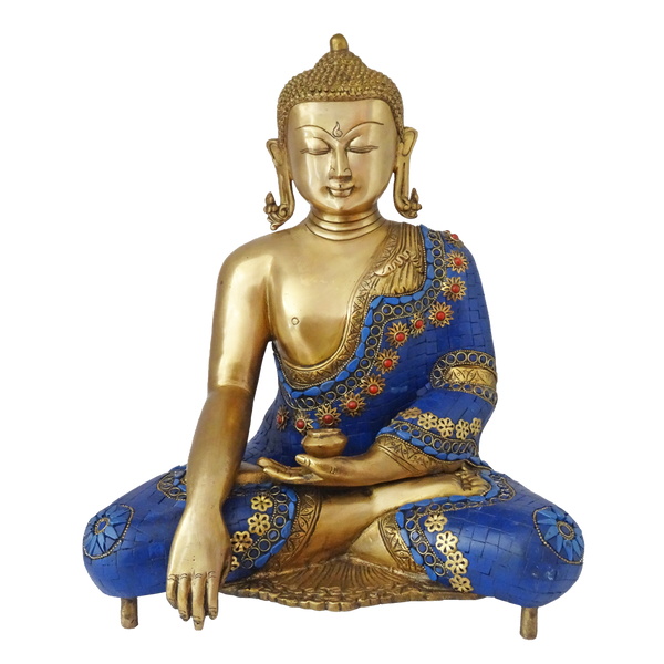 Brass Blue Meditating Buddha With Golden Statue