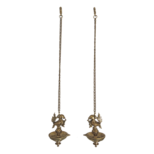 Brass Chain Peacock Diya with Single Faced Jyot Set
