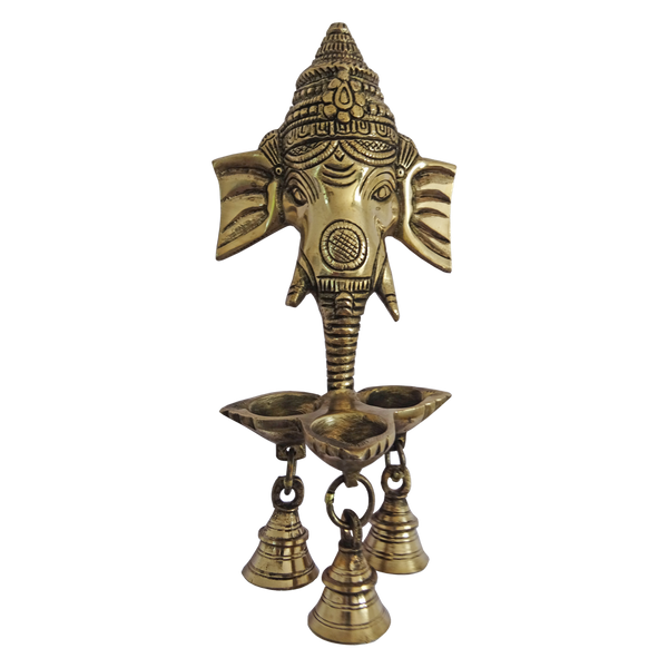 Brass Ganesha Diya With 3 Face Jyot Wall Hanging with Bells Showpiece