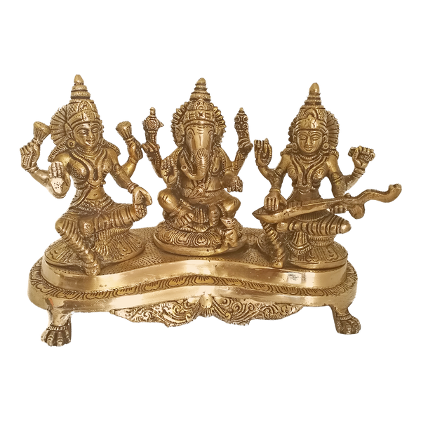Brass Ganesha With Goddess Lakshmi And Saraswathi Statue