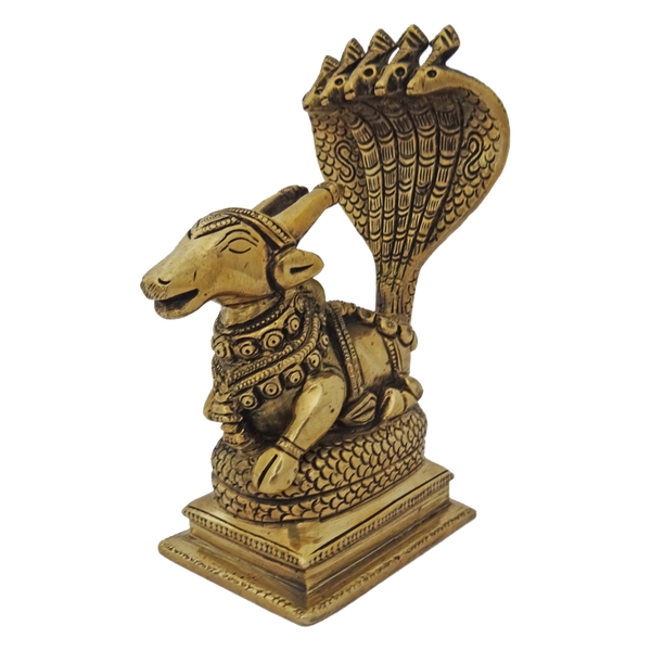 Brass God Nandi Sitting Under Five Headed Snake Statue