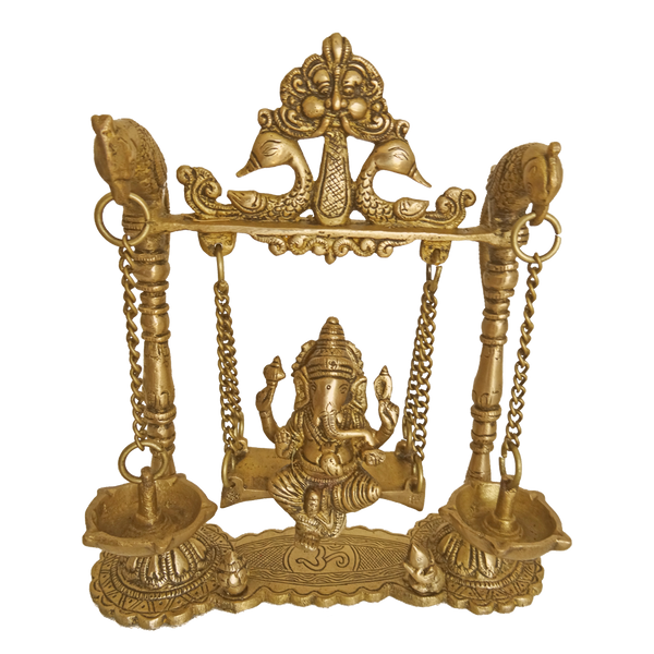 Brass Lord Ganesha Sitting in Peacock Julla With Diya