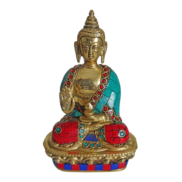Brass Meditating Buddha Statue Multicolour Stone Work
