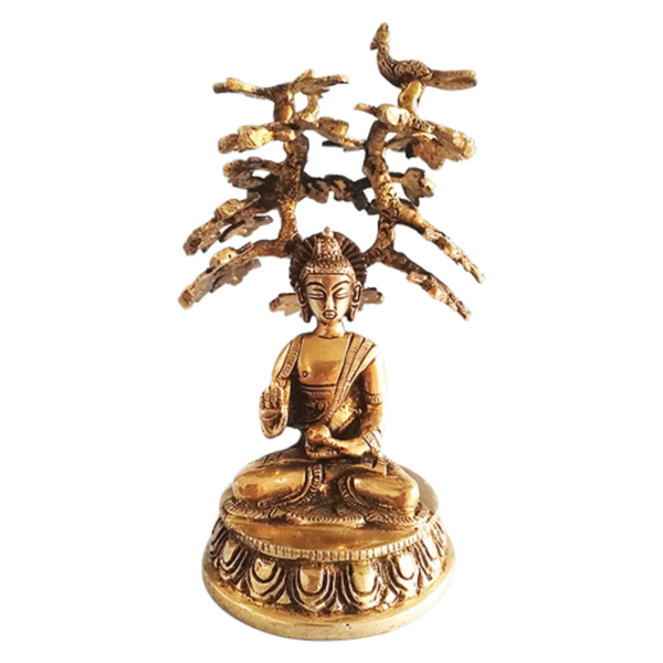 Brass Meditating Buddha Statue with Dhyan Mudra Under Bodhi Tree