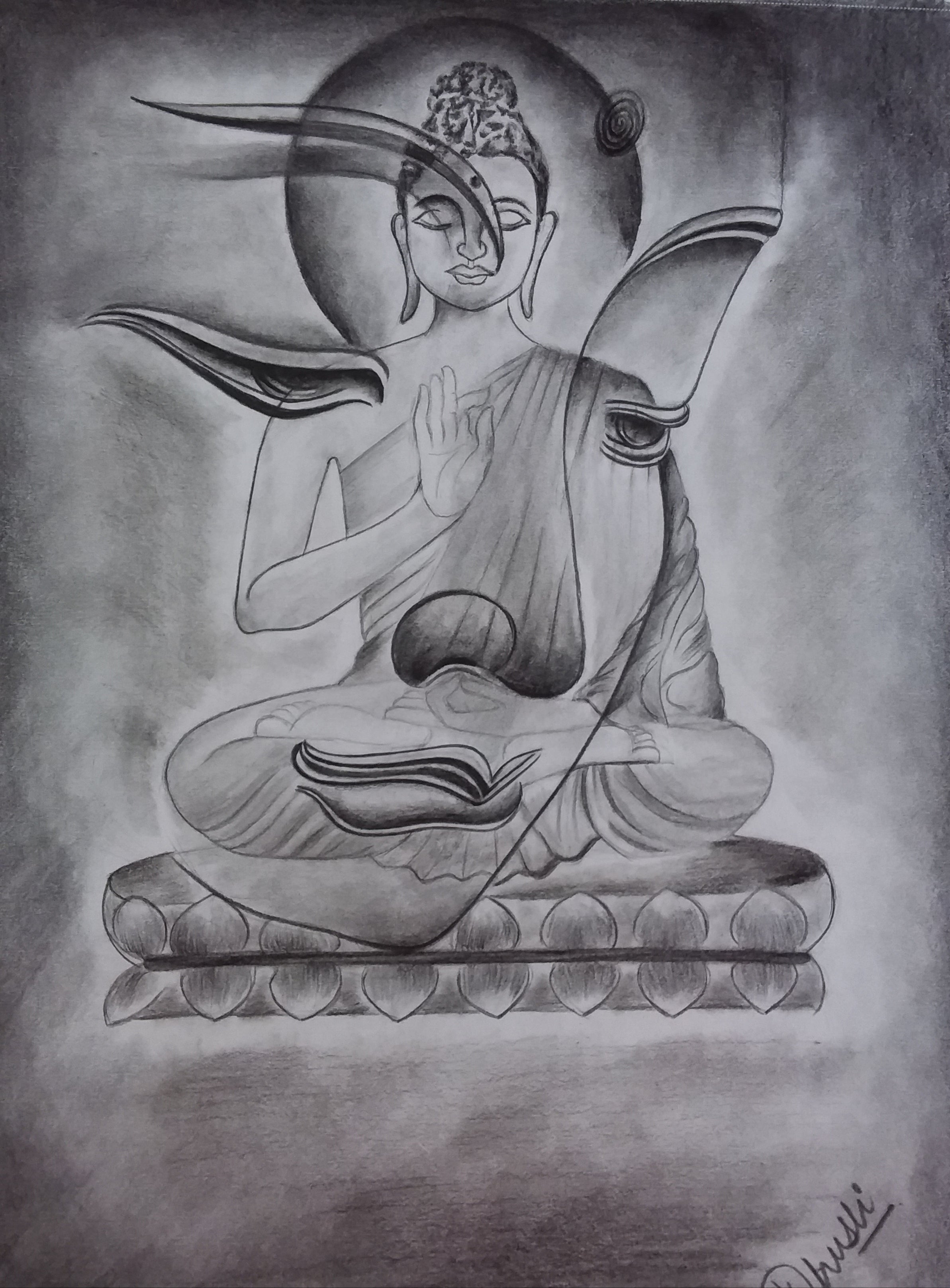Pencil Sketch Painting of Buddha Handmade Framed 125 x 17 in  Indi  Handicrafts