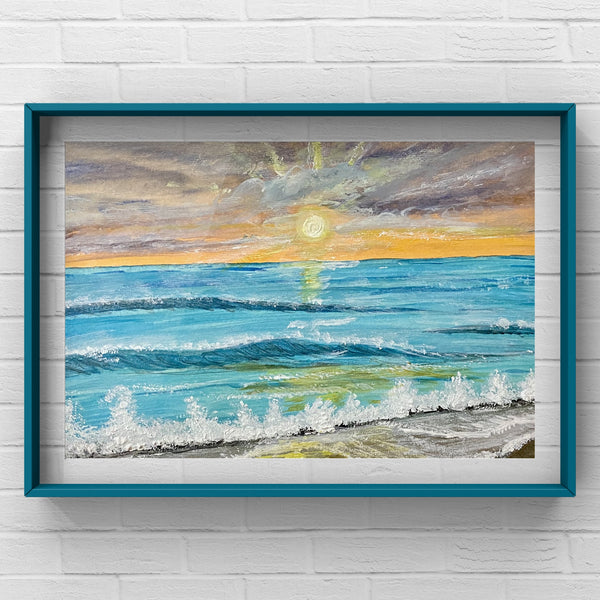 Calming sea waves in the sunset, original watercolour painting
