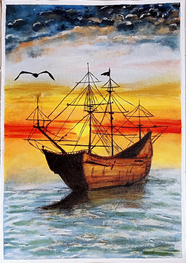Canvas hand-painted sunset seascape with ship